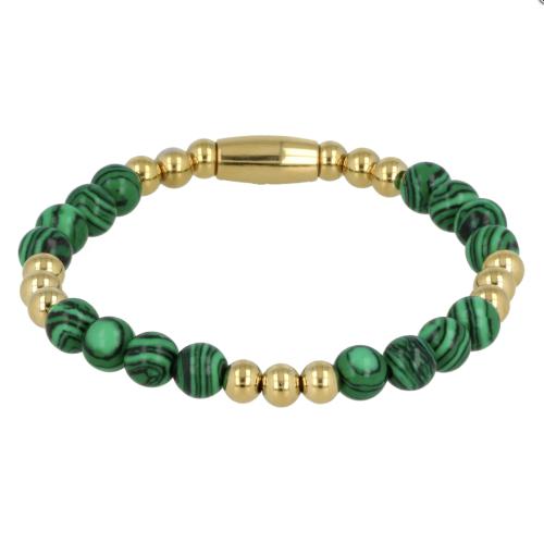My Bendel Armband, Elastische Edelstaal-verguld Kralenarmband met  Malachiet Edelsteen (17cm). - 21446