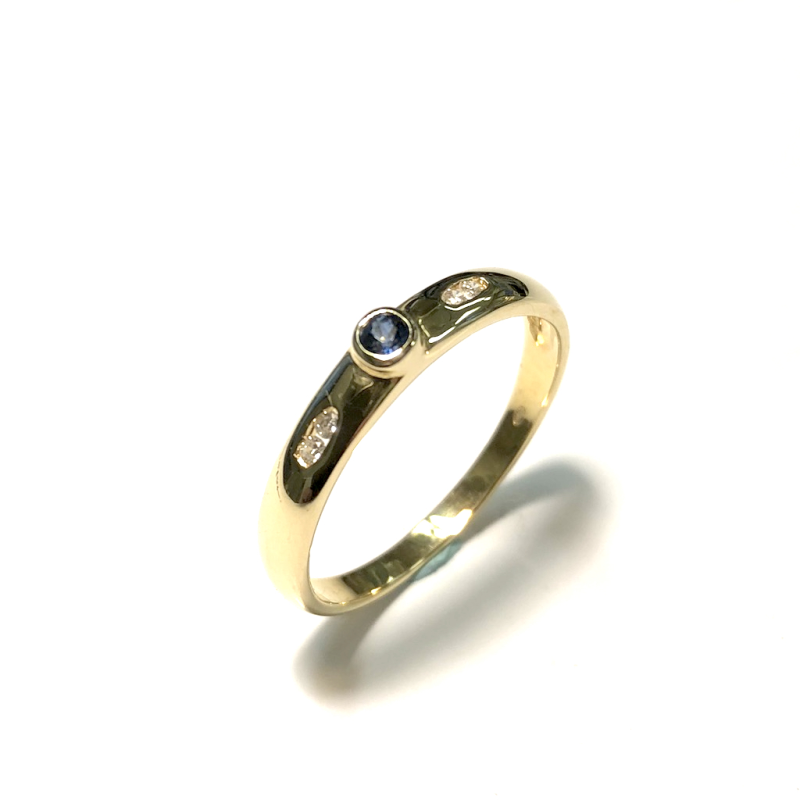 Ring, 14krt.goud met saffier en diamant totaal 0,07ct. (maat 17.75) - 967