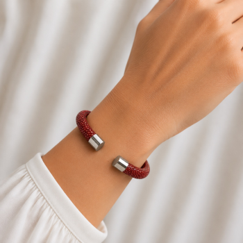 Armband, roggenleer/staal (12mm.breed)  kleur rood - 10023