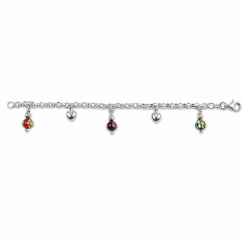 Kinderarmband, zilver jasseron met gekleurde balletjes en hartjes (legte: 15cm.) - 11100