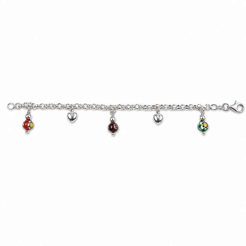 Kinderarmband, zilver jasseron met gekleurde balletjes en hartjes (legte: 15cm.) - 11100