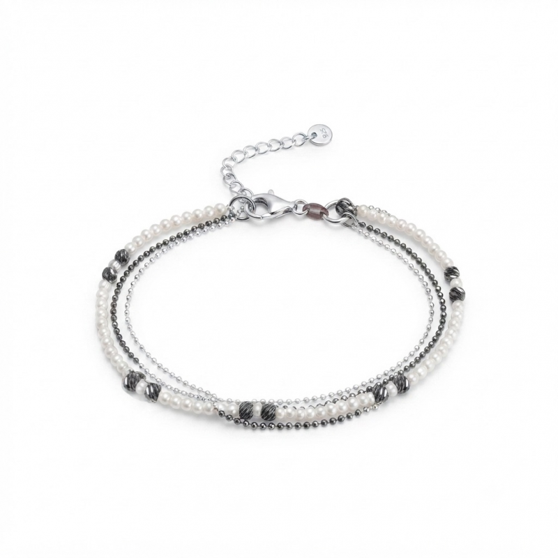 Armband, zilver gerhodineerd 3 strengen met immitatieparel (lengte: 17,5-20,5cm.) - 12640 Armband, zilver gerhodineerd 3 strengen met immitatieparel (lengte: 17,5-20,5cm.) - 12640