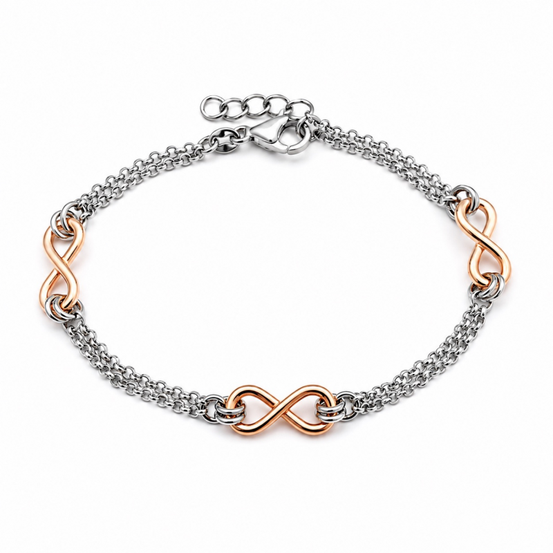 Armband, zilver/rose verguld infinity  (lengte: 18-20cm.) - 12641