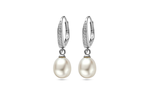 Oorhangers, zilver gerhodineerd met zirconia en parel (parel: 8x10) - 13142