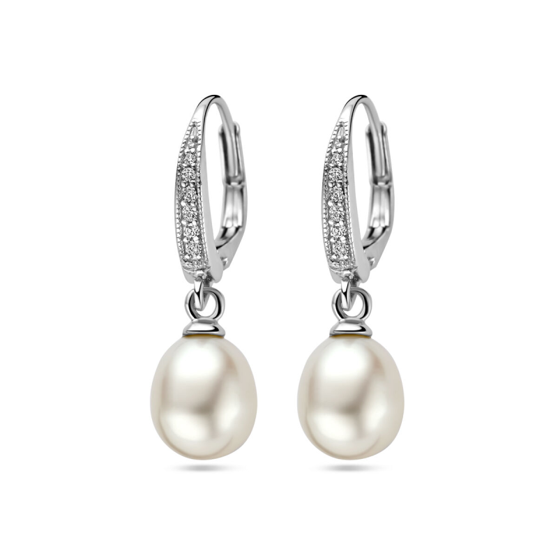 Oorhangers, zilver gerhodineerd met zirconia en parel (parel: 8x10) - 13142