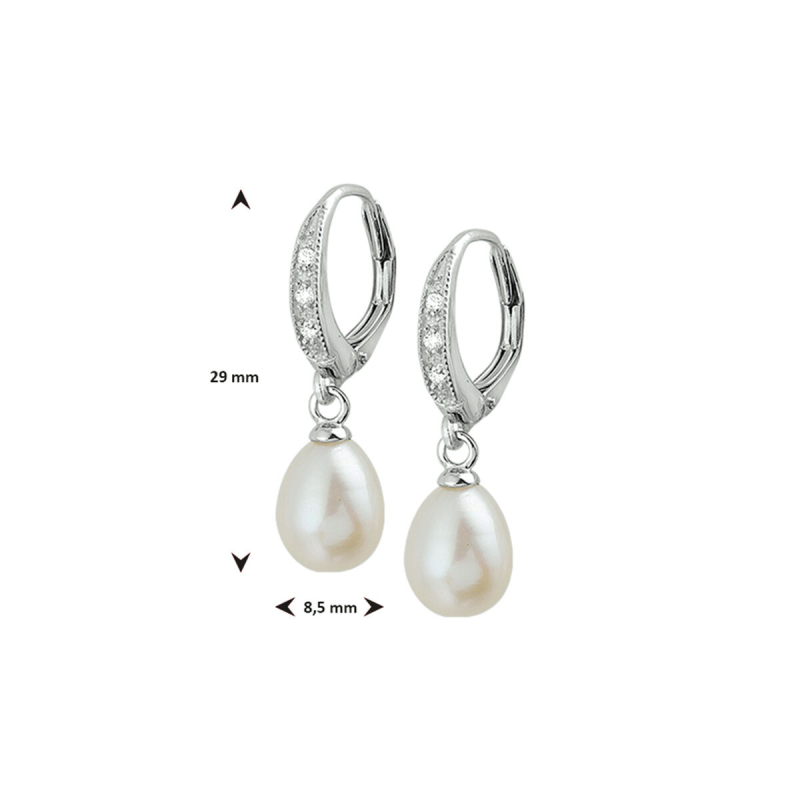 Oorhangers, zilver gerhodineerd met zirconia en parel (parel: 8x10) - 13142