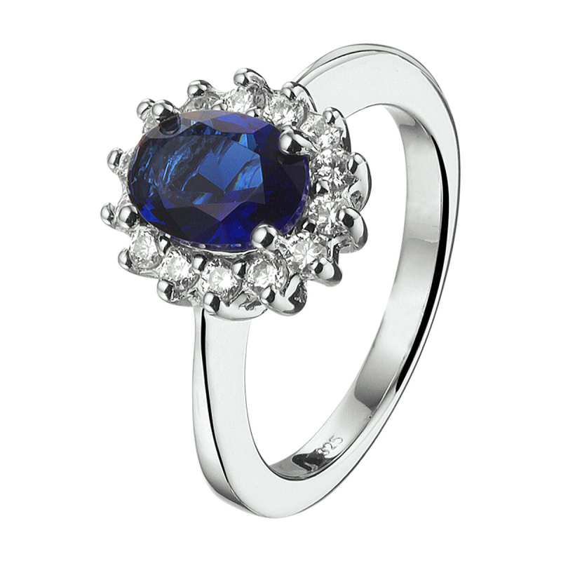Ring, zilver gerhodineerd "royal Kate" ovaal zirkonia/synt.saffier. 8x6mm. (maat 17,75) - 14304