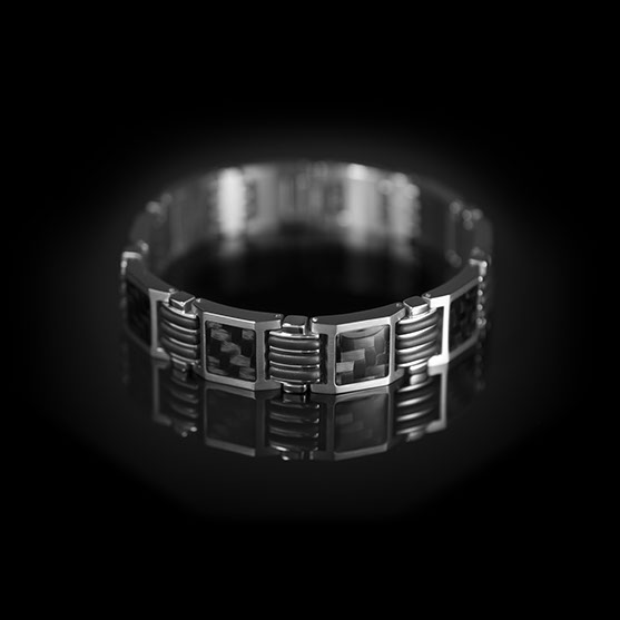 Armband, edelstaal/carbon/rubber (breedte:14mm.- lengte: 22,5cm.) - 14438