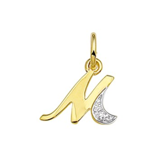 Hanger, 14krt.goud letter M met diamant (7.5mm.) - 15029 Hanger, 14krt.goud letter M met diamant (7.5mm.) - 15029