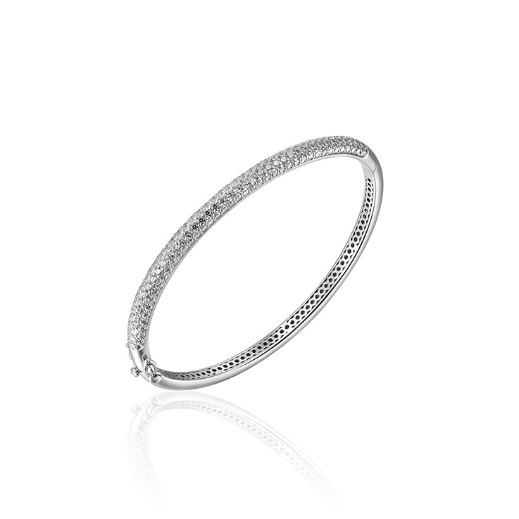 Bangle, zilver met zirconia bol met scharnier (breedte: 4mm.) - 15800
