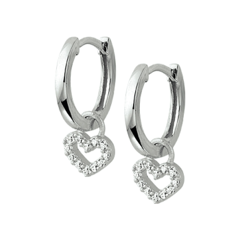 Oorringen, zilver met oorbedel hart m/zirconia (11x1,5mm.) - 19724