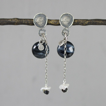 Jeh Jewels Oorhangers, zilver/oxie tijgeroog/zoetwaterparel model 20232 (7cm.) - 20061