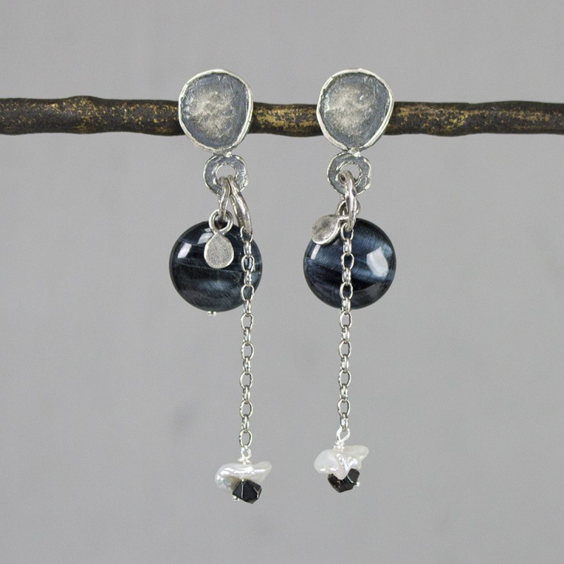 Jeh Jewels Oorhangers, zilver/oxie tijgeroog/zoetwaterparel model 20232 (7cm.) - 20061