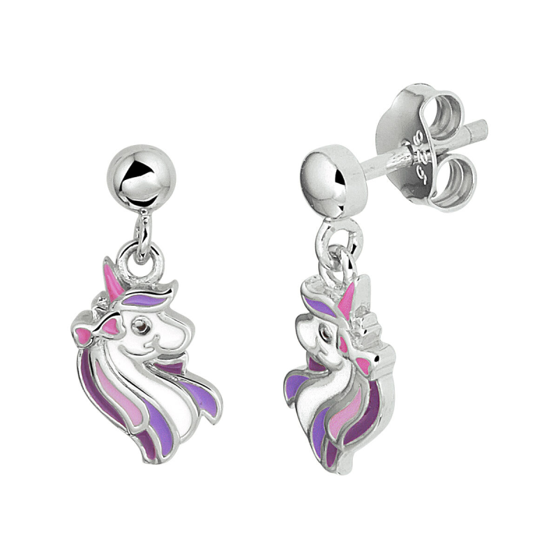 Oorhangers, zilver eenhoorn roze/paars - 20276