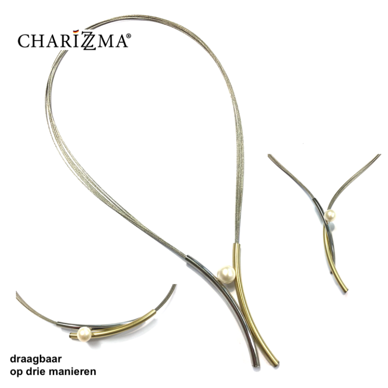 Charizzma Collier, edelstaal/edelstaal-verguld met magnetische sluiting en zoetwaterparel (45cm.) - 16905