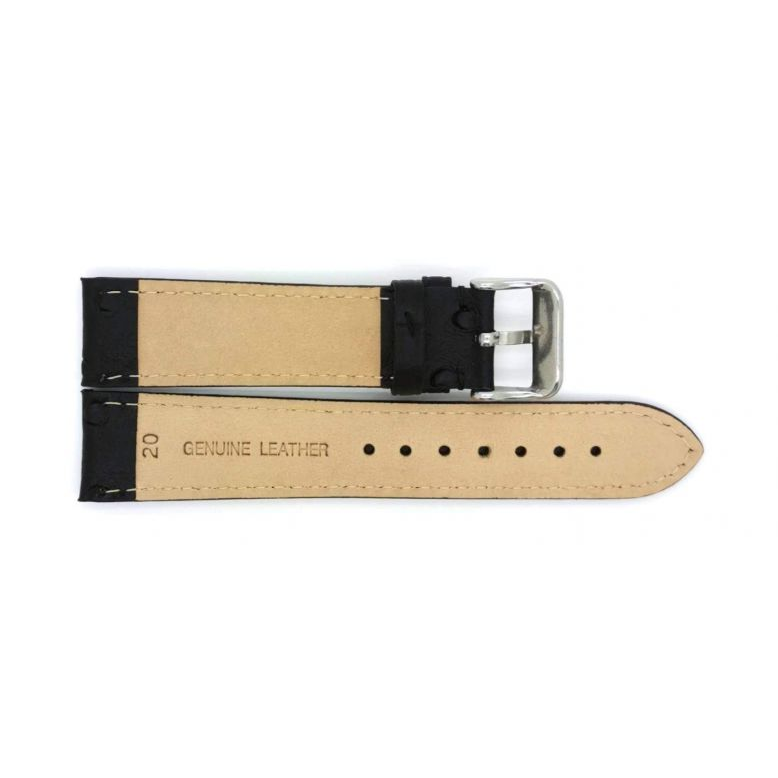 Ostrich print, calf leather watch strap with "cust sides" finished with black paint, independent of the strap color. This watch strap is padded and fitted with a stainless steel buckle. - 20352
