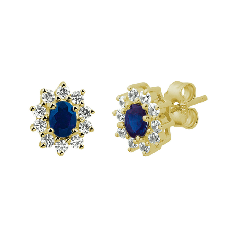 Oorknoppen, 14krt.goud met  zirconia en saffier (7x8mm.) - 20835