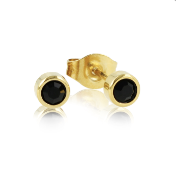 My Bendel Oorknopjes, edelstaal verguld. Met Zwart Zirkonia steentje (4mm). - 21334