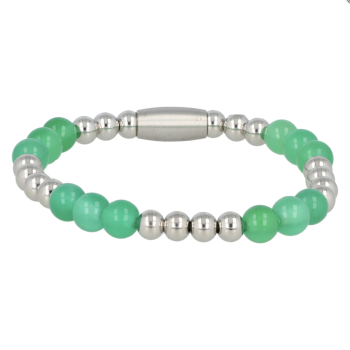My Bendel Armband, Elastische Edelstalen Kralenarmband met groene Agaat (17cm). - 21416