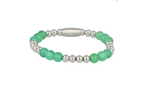 My Bendel Armband, Elastische Edelstalen Kralenarmband met groene Agaat (17cm). - 21416