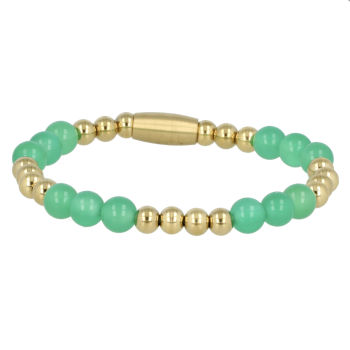 My Bendel Armband, Elastische Edelstaalvergulde Kralenarmband met groene Agaat (17cm). - 21418