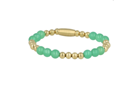 My Bendel Armband, Elastische Edelstaalvergulde Kralenarmband met groene Agaat (17cm). - 21418