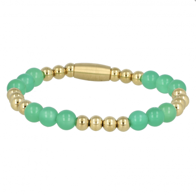 My Bendel Armband, Elastische Edelstaalvergulde Kralenarmband met groene Agaat (19cm). - 21419 My Bendel Armband, Elastische Edelstaalvergulde Kralenarmband met groene Agaat (19cm). - 21419