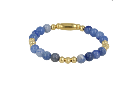 My Bendel Armband, Elastische Edelstaalvergulde Kralenarmband met Blue Aventurine Edelsteen (19cm). - 21421