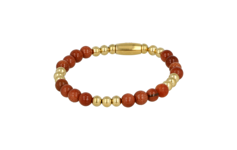 My Bendel Armband, Elastische Edelstaal Vergulde Kralenarmband met Gold Sand Stone Edelsteen bedel (Small). - 21900