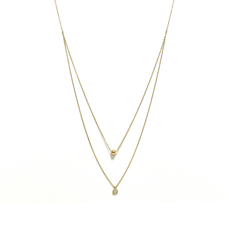 Collier, 14krt.goud tweedelig balletje/rondje zirconia (lengte: 41-44cm.) - 22328 Collier, 14krt.goud tweedelig balletje/rondje zirconia (lengte: 41-44cm.) - 22328