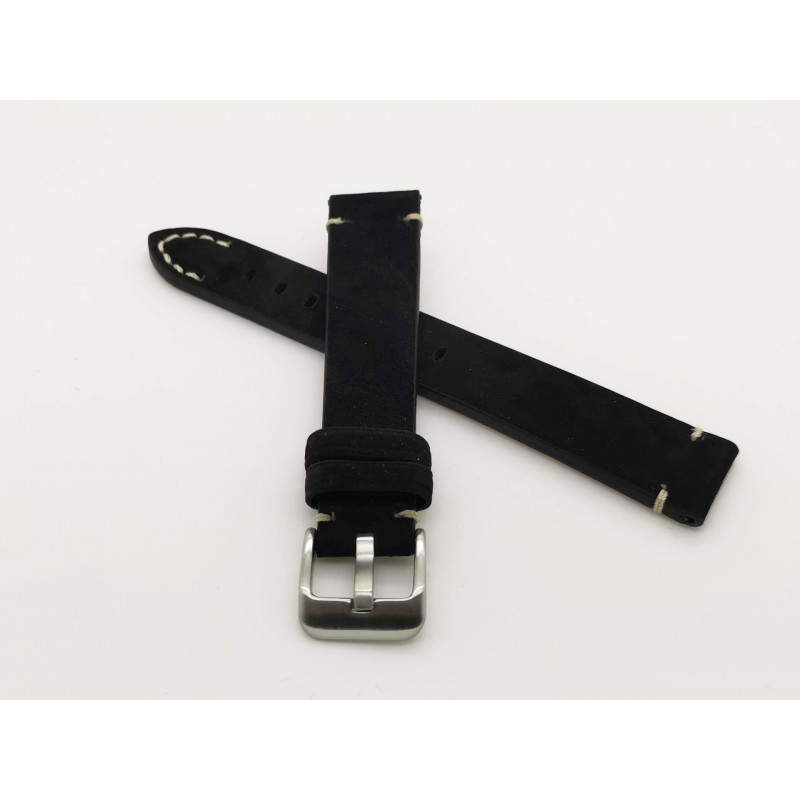 Horlogeband, 20 mm - Zwart - Dik Suede - echt Kalfsleer - 19607