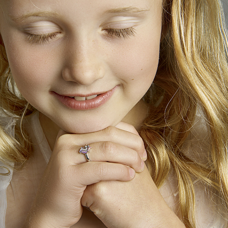 Ring, zilver eenhoorn roze/paars (maat 15) - 20876