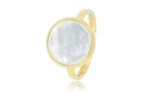 My Bendel Ring, edelstaal 14 krt verguld. Met parelmoer steen van 12mm (maat 18). - 21146