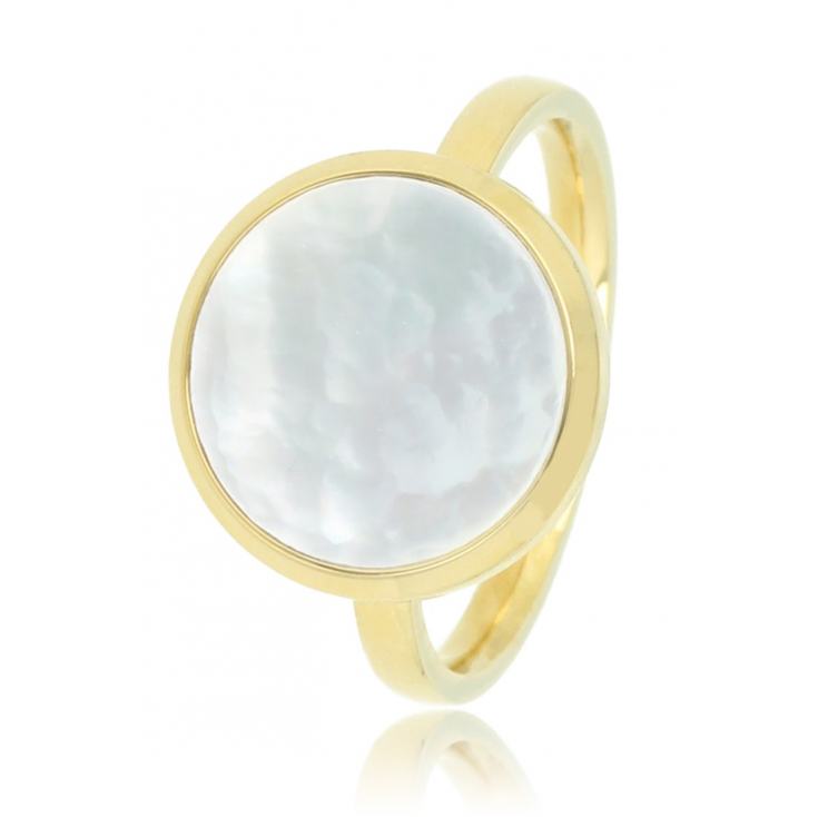 My Bendel Ring, edelstaal verguld. Met parelmoer steen van 12mm (maat 16). - 21144