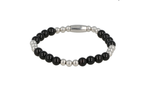 My Bendel Armband, Elastische Edelstalen Kralenarmband met Onyx Edelsteen (17cm). - 21428