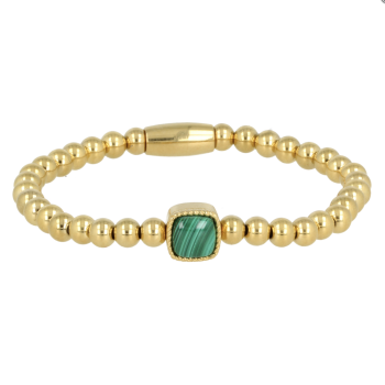 My Bendel Armband, Elastische Edelstaal-vergulde armband met  Malachiet bedel (19cm). - 21468