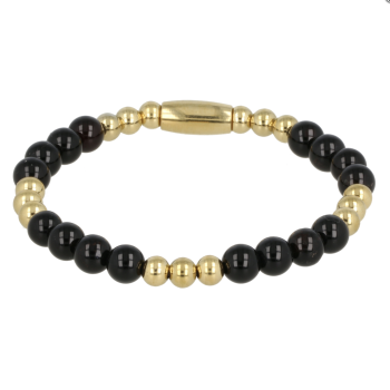 My Bendel Armband, Elastische Edelstaalverguld Kralenarmband met Onyx Edelsteen (17cm). - 21430