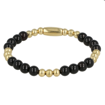 My Bendel Armband, Elastische Edelstaalverguld Kralenarmband met Onyx Edelsteen (17cm). - 21430 My Bendel Armband, Elastische Edelstaalverguld Kralenarmband met Onyx Edelsteen (17cm). - 21430