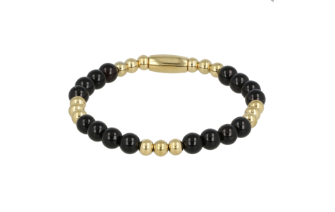 My Bendel Armband, Elastische Edelstaalverguld Kralenarmband met Onyx Edelsteen (17cm). - 21430