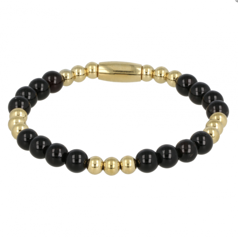 My Bendel Armband, Elastische Edelstaalverguld Kralenarmband met Onyx Edelsteen (17cm). - 21430 My Bendel Armband, Elastische Edelstaalverguld Kralenarmband met Onyx Edelsteen (17cm). - 21430
