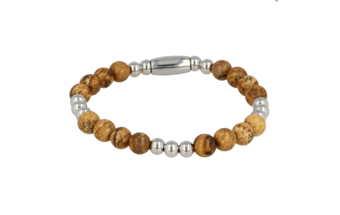 My Bendel Armband, Elastische Edelstalen Kralenarmband met Picture Jasper Edelsteen (17cm). - 21432