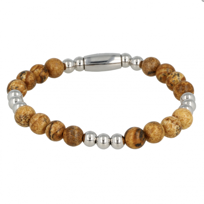 My Bendel Armband, Elastische Edelstalen Kralenarmband met Picture Jasper Edelsteen (19cm). - 21433 My Bendel Armband, Elastische Edelstalen Kralenarmband met Picture Jasper Edelsteen (19cm). - 21433