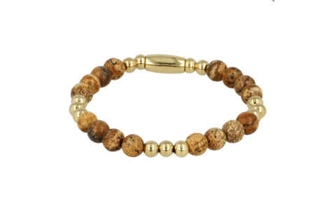 My Bendel Armband, Elastische Edelstaal-verguld Kralenarmband met Picture Jasper Edelsteen (17cm). - 21434