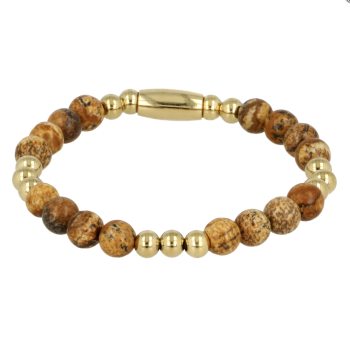 My Bendel Armband, Elastische Edelstaal-verguld Kralenarmband met Picture Jasper Edelsteen (19cm). - 21435 My Bendel Armband, Elastische Edelstaal-verguld Kralenarmband met Picture Jasper Edelsteen (19cm). - 21435