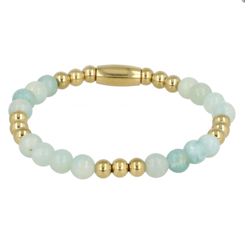 My Bendel Armband, Elastische Edelstaal-verguld Kralenarmband met Amazoniet Edelsteen (17cm). - 21436 My Bendel Armband, Elastische Edelstaal-verguld Kralenarmband met Amazoniet Edelsteen (17cm). - 21436