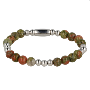 My Bendel Armband, Elastische Edelstalen Kralenarmband met Unakite Edelsteen (17cm). - 21440