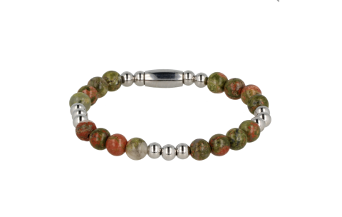 My Bendel Armband, Elastische Edelstalen Kralenarmband met Unakite Edelsteen (17cm). - 21440