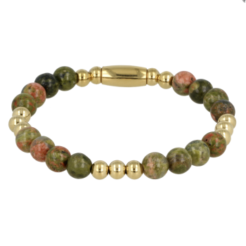 My Bendel Armband, Elastische Edelstaal-verguld Kralenarmband met Unakite Edelsteen (17cm). - 21442 My Bendel Armband, Elastische Edelstaal-verguld Kralenarmband met Unakite Edelsteen (17cm). - 21442