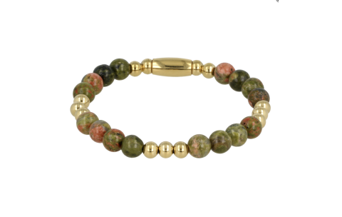 My Bendel Armband, Elastische Edelstaal-verguld Kralenarmband met Unakite Edelsteen (17cm). - 21442