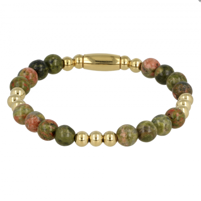 My Bendel Armband, Elastische Edelstaal-verguld Kralenarmband met Unakite Edelsteen (17cm). - 21442